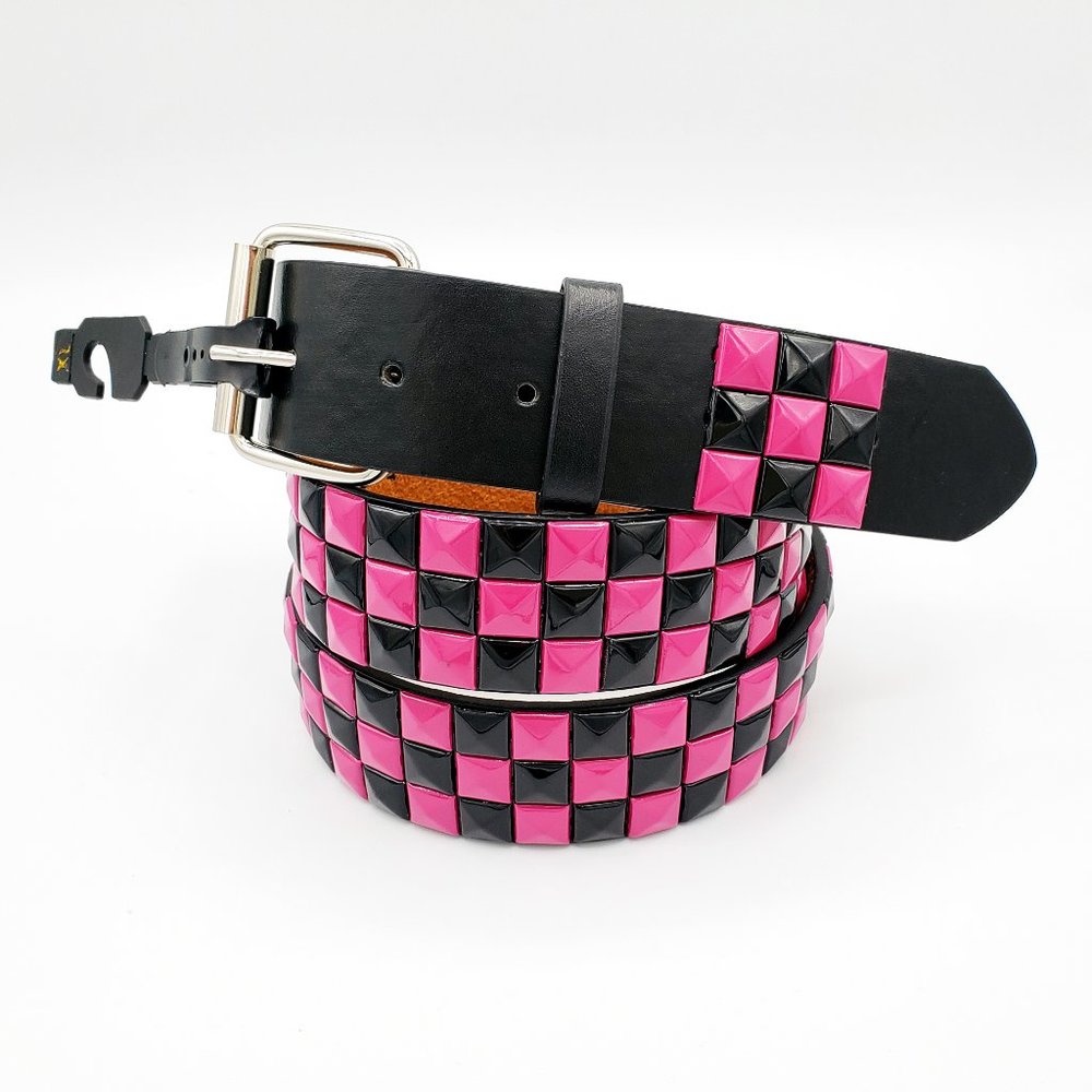 New Black Pink Studded Leather Belt Unisex 3-Rows Metal Pyramid Size Extra Large